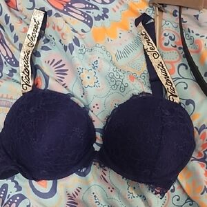 Victoria's Secret Navy Lace Push-Up Bra with Branded Gold Straps